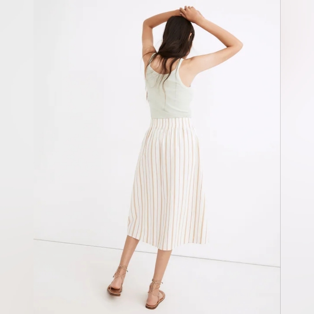 Madewell Linen-Cotton Smocked-Waist Button-Front Midi Skirt Size Medium - Picture 3 of 11
